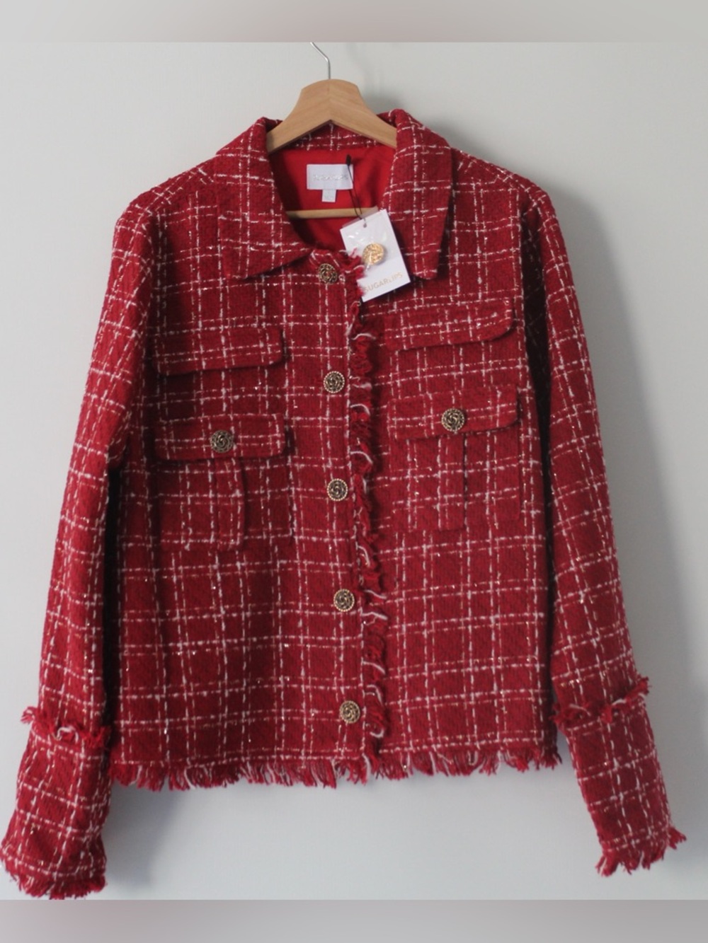Sugarlips Red Tweed Fringe-Trim Button Jacket NWT Size L